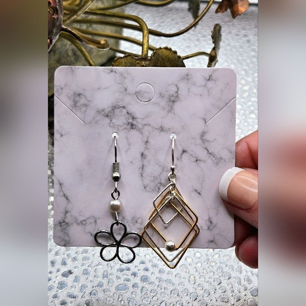 "5/$25" Mismatched Flower/Geometric Two Tone Silver/Gold Dangle Earrings